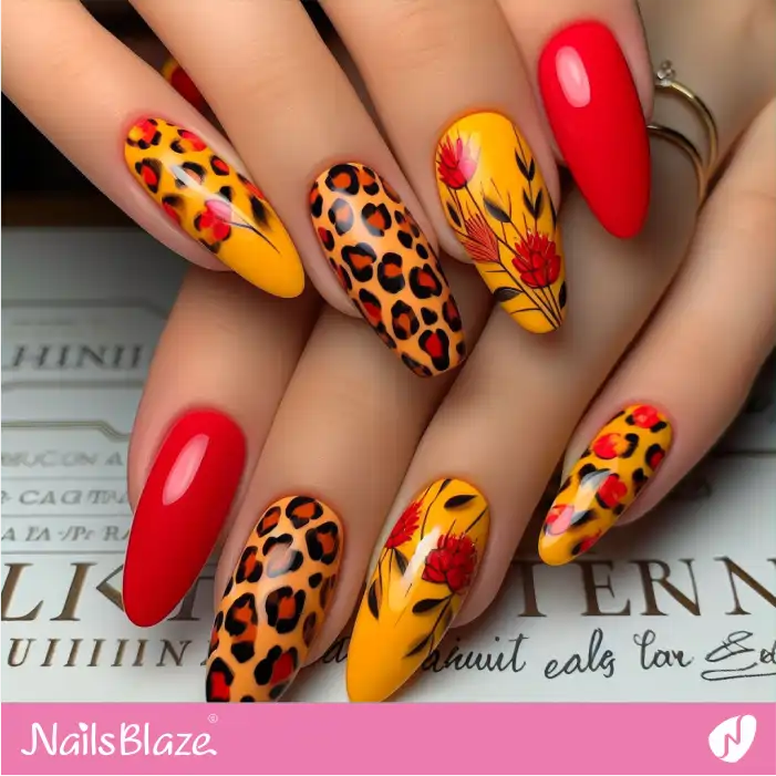 Flower and Leopard Design Glossy Nails | Animal Print Nails - NB2583